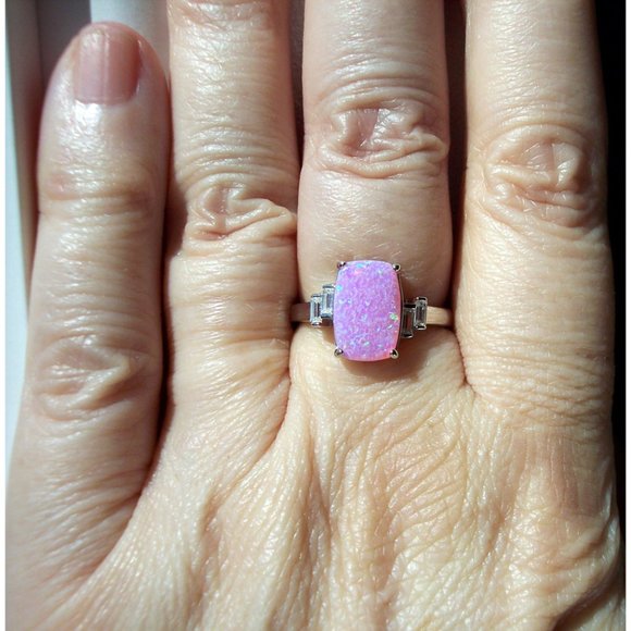 925 STERLING SILVER Lab Created Pink Fire Opal Cubic Zirconia Ring - Picture 10 of 15